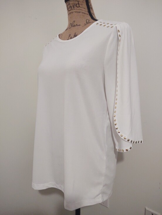 Robert Louis Tops - Robert Louis White 3/4 Sleeve Top with Gold Stud Trim | Small